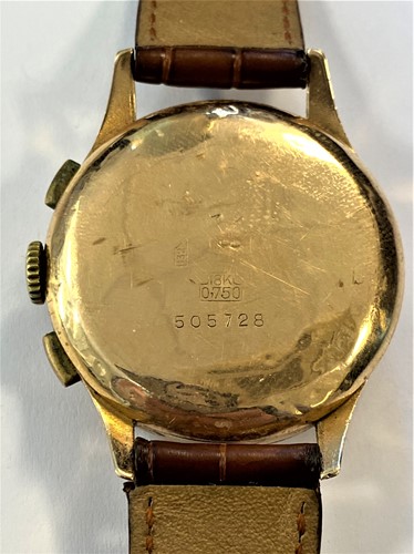 Lot 232 - Chronographe Suisse - A gentleman's Swiss 18ct gold 'up and down' chronograph wristwatch