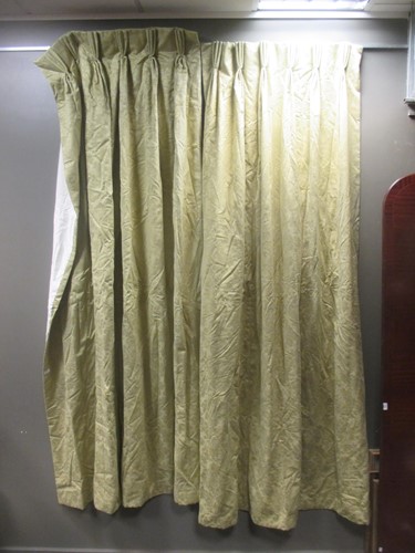 Lot 579 - Two pairs of pale green damask foliate pattern...