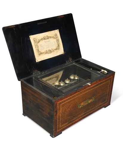 Lot 450 - A Swiss rosewood and amboyna banded musical box, 19th century