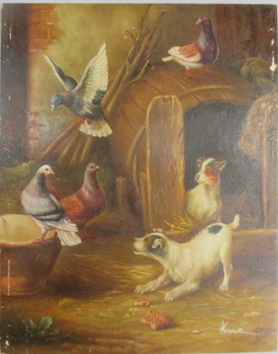 Lot 200 - A pair of paintings depicting pigeons and dogs,...