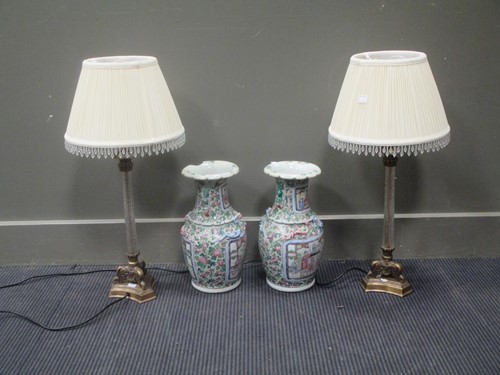 Lot 37 - A pair of modern glass and brass table lamps...