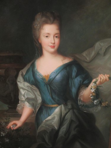 Lot 261 - Portrait of a lady in blue, beside an urn,...