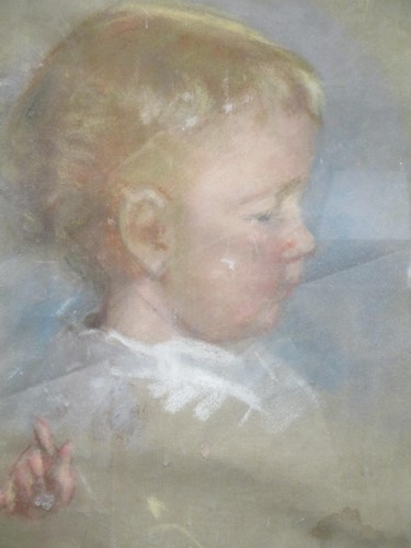 Lot 347 - A pastel child head portrait (stained); an...