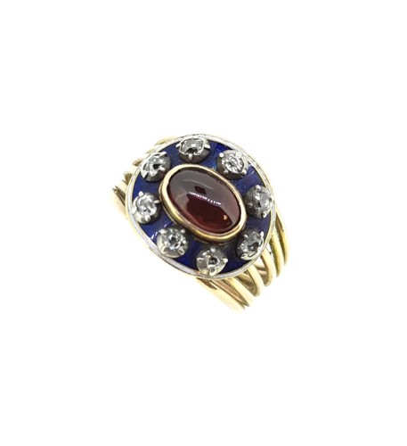 Lot 14 - A Georgian garnet, diamond and enamel ring