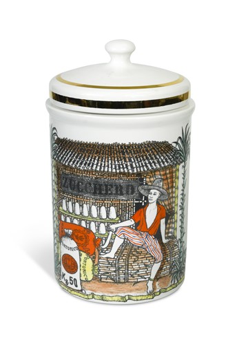 Lot 17 - Piero Fornasetti for Fornasetti Milano, a transfer printed ceramic canister and cover