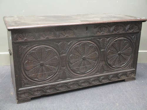 Lot 354 - A carved oak coffer chest, 56 x 110 x 47cm