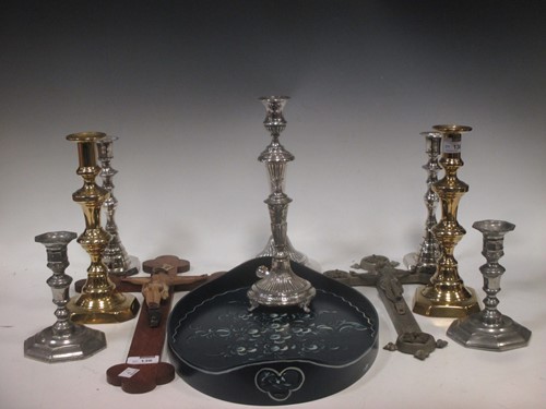 Lot 136 - Four various silver plated candlesticks, a...