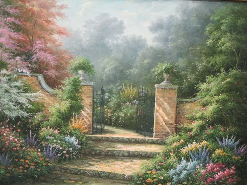 Lot 346 - A large modern painting of a country garden...