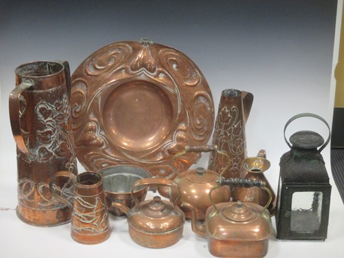 Lot 65 - Newlyn style copper charger and jugs together...