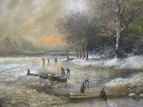 Lot 227 - Figures on a frozen pond in a winter landscape...