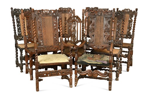 Lot 452 - A matched set of nine oak Charles II style chairs
