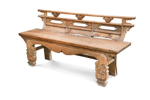 Lot 394 - A carved elm Chinese theatre bench, early 20th century