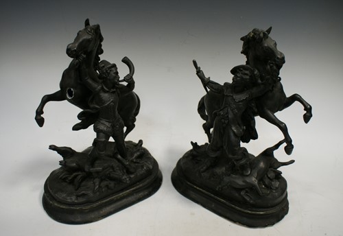 Lot 48 - Three pairs of spelter Marly type horses, the...