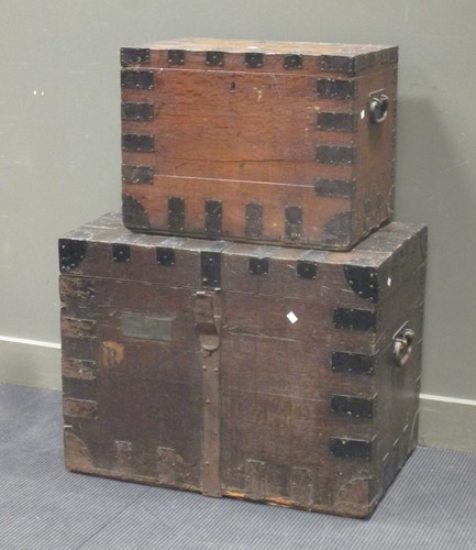 Lot 397 - An iron bound oak silver chest, bearing brass...