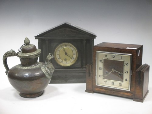 Lot 120 - A Victorian slate mantle clock, together with...