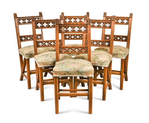 Lot 110 - A set of six Puginesque Gothic oak chairs, circa 1880