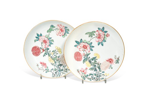 Lot 363 - A pair of Chinese famille rose saucer dishes, Johanneum Mark, Qing Dynasty, Yongzheng, circa 1735