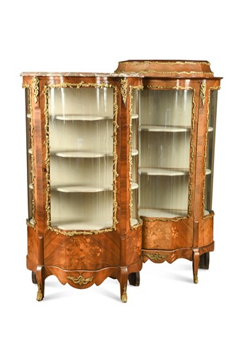 Lot 522 - A near pair of Louis XV style serpentine fronted marquetry vitrines