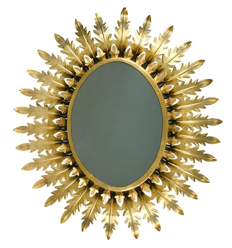 Lot 282 - A mid-century gilt metal oval sunburst mirror