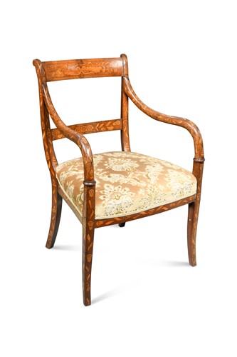 Lot 527 - A Dutch marquetry open arm chair, circa 1840
