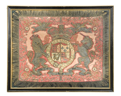 Lot 461 - A rare pair of English Armorial embroidered trumpet banners, 18th century