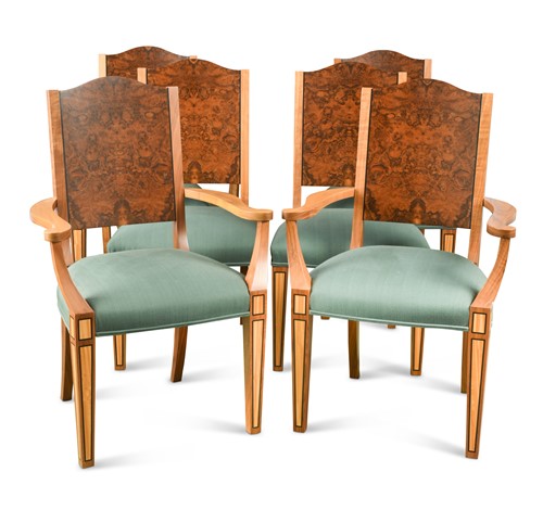 Lot 201 - David Linley, Pimlico, a set of six walnut and burr walnut dining chairs, 2003