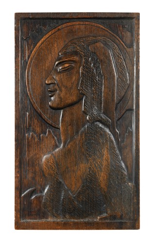 Lot 45 - Thomas Symington Halliday (Scottish, 1902 - 1998), a carved oak portrait relief