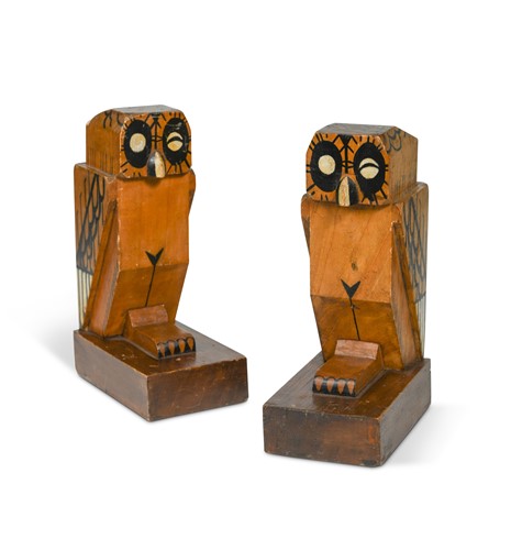 Lot 86 - A pair of Art Deco wooden penwork 'owl' bookends