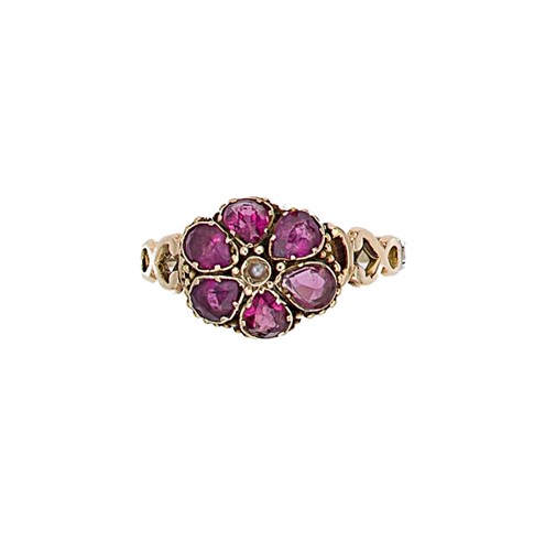 Lot 71 - A 19th century fully hallmarked 12ct gold garnet and pearl cluster ring