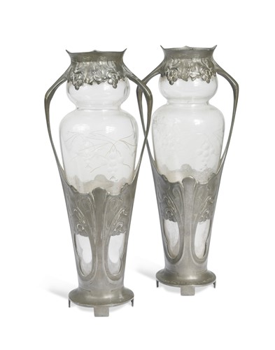 Lot 161 - A pair of Art Nouveau Urania pewter mounted glass vases, circa 1900
