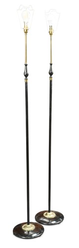 Lot 570 - A pair of black painted and gilt brass standard lamps, 20th century