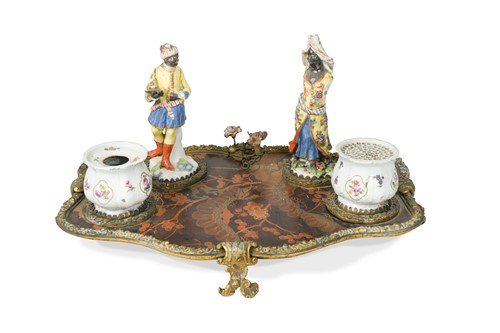 Lot 434 - A lac burgaute and gilt metal mounted ink stand