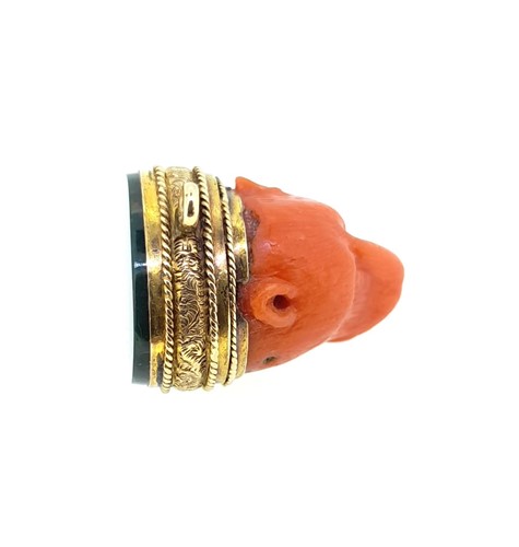 Lot 12 - A 19th century carved coral and bloodstone fob seal