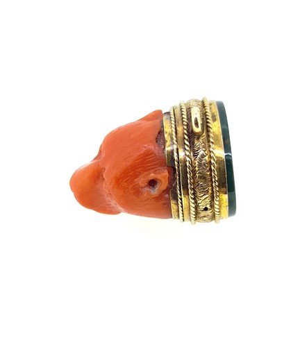 Lot 12 - A 19th century carved coral and bloodstone fob seal