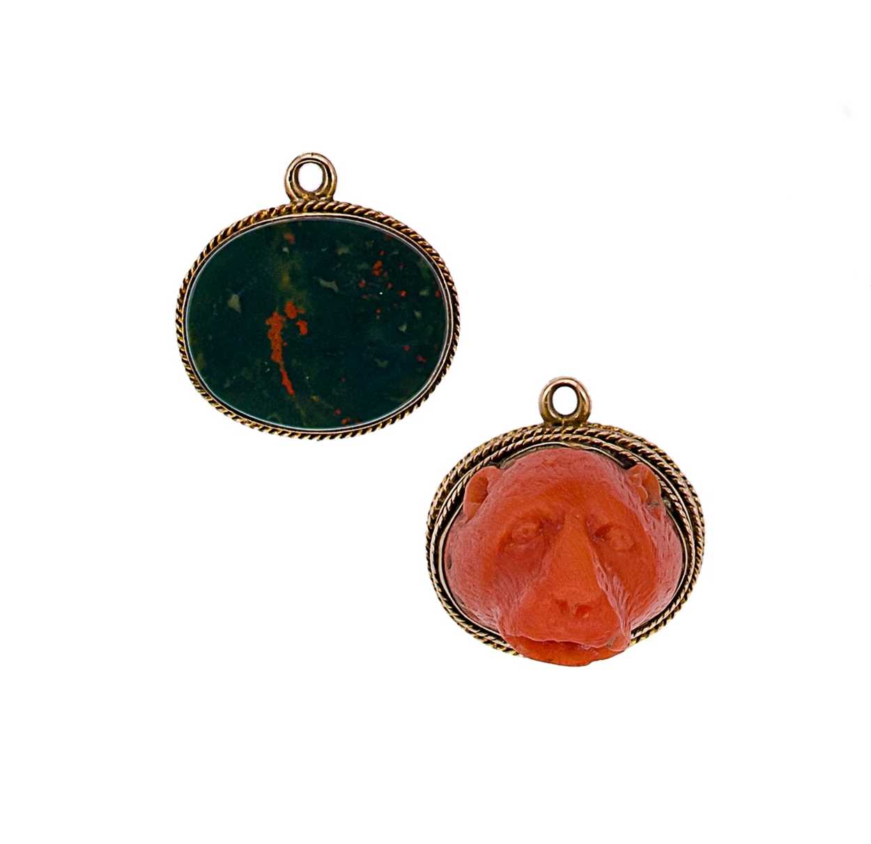 Lot 12 - A 19th century carved coral and bloodstone fob seal