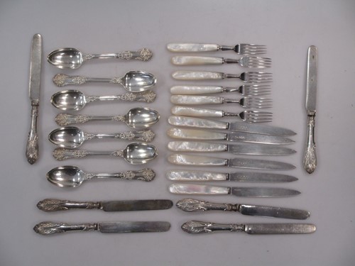 Lot 182 - Seven silver teaspoons, six silver and mother...