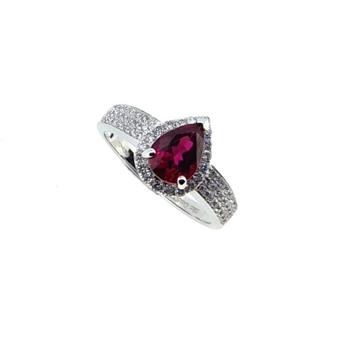 Lot 214 - An 18ct gold pear shape rubellite and diamond cluster ring
