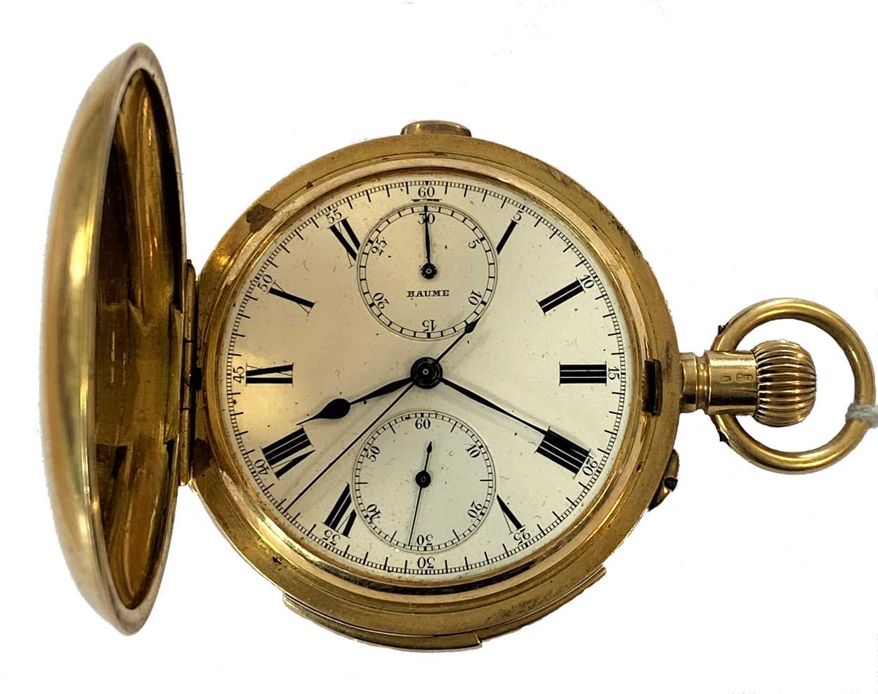 Lot 296 - Baume & Co - An 18ct gold minute repeating chronograph 'up and down' full hunter pocket watch