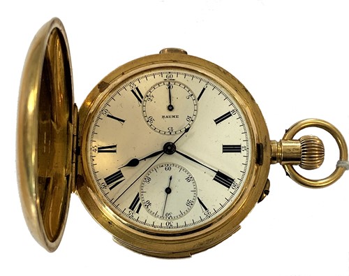 Lot 296 - Baume & Co - An 18ct gold minute repeating chronograph 'up and down' full hunter pocket watch