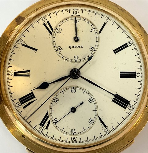 Lot 296 - Baume & Co - An 18ct gold minute repeating chronograph 'up and down' full hunter pocket watch