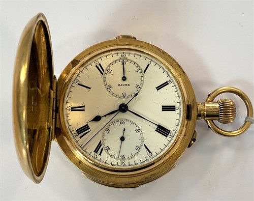 Lot 296 - Baume & Co - An 18ct gold minute repeating chronograph 'up and down' full hunter pocket watch