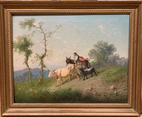 Lot 266 - English school, Girl on a donkey with cattle...