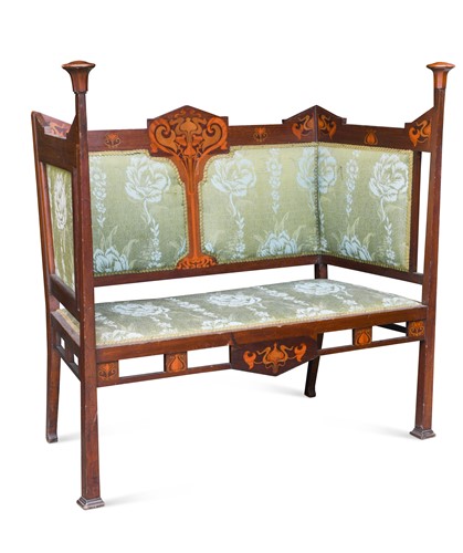Lot 208 - Attributed to Shapland & Petter, an Art Nouveau inlaid mahogany settle, circa 1900