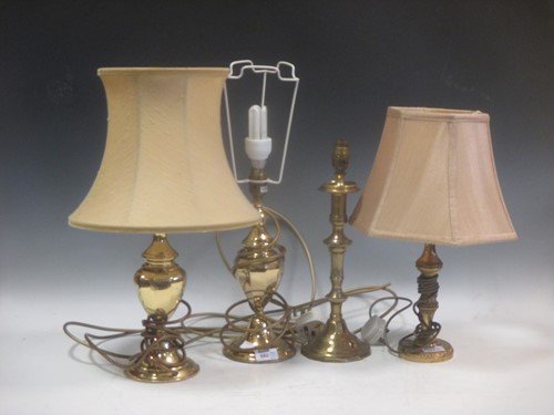 Lot 682 - A pair of modern brass table lamps and shades...