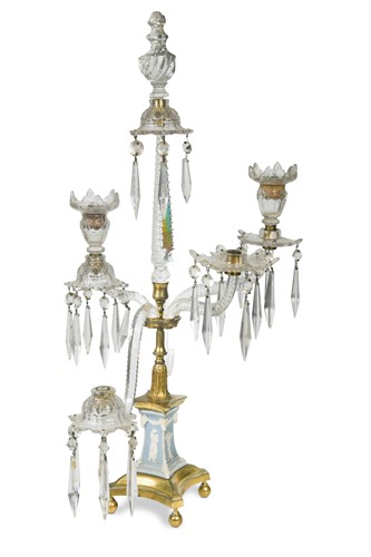 Lot 907 - A cut glass, blue jasper and gilt metal mounted five light candelabra, 19th century