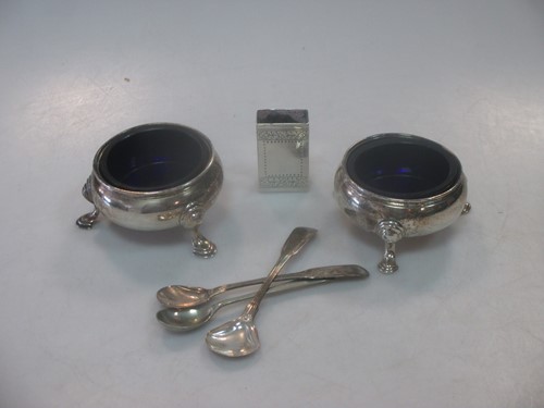 Lot 412 - Two Georgian silver cauldron salts with spoons...