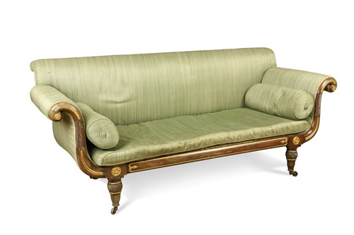 Lot 518 - A Regency scroll end settee, upholstered in green figured horsehair
