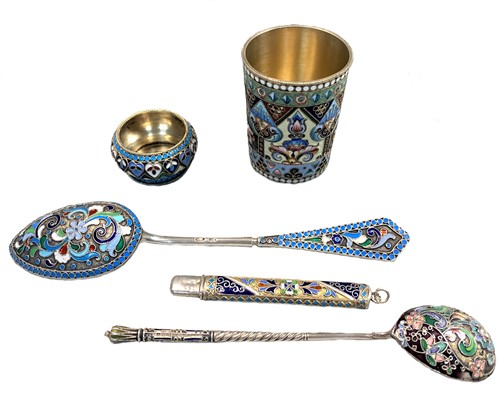 Lot 328 - A collection of five early 20th century Russian metalwares silver and enamel objets