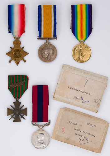 Lot 348 - A WW1 medal trio together with a Distinguished Conduct Medal and Croix de Guerre avec Palme