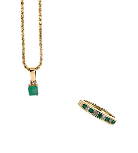 Lot 155 - An emerald and diamond ring together with an emerald pendant, and chain